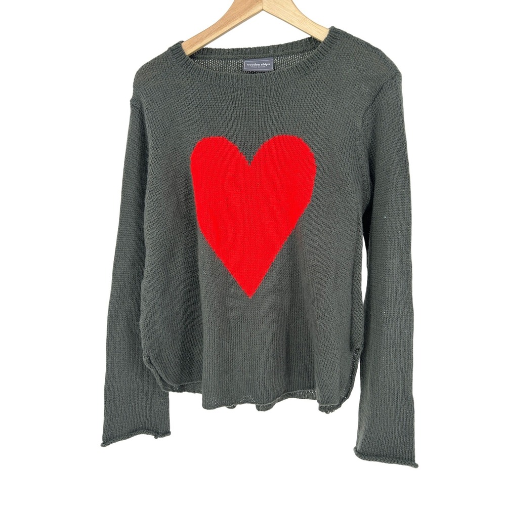 Wooden Ships Heart Knit Sweater Womens S/M Gray Red